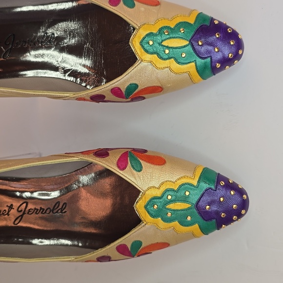Vintage 1980's Margaret Jerrold Leather Pumps Gold-Multi Artsy Deco - Picture 2 of 10